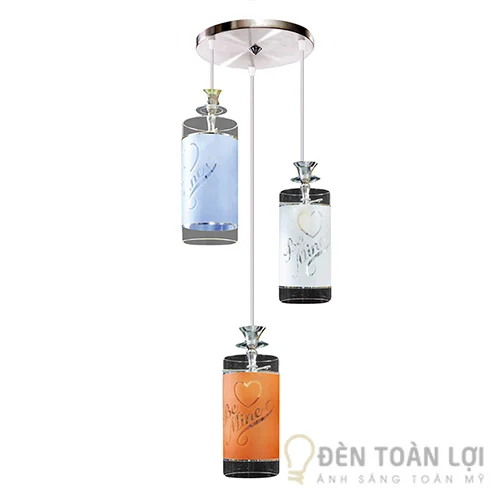 Bộ đèn thả 3 bóng chụp thủy tinh hình trụ có hoa văn