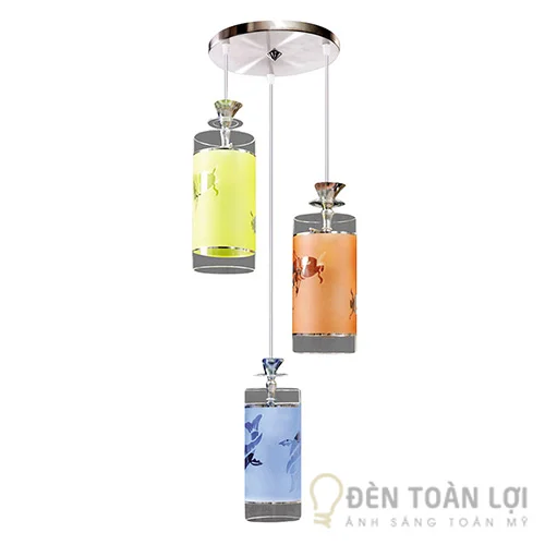 Bộ 3 Đèn thả chụp thủy tinh hình trụ họa văn màu số 2