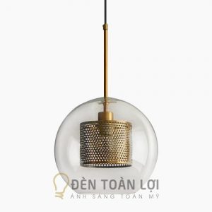 Đèn thả chao thuỷ tinh tròn và inox trụ xi vàng