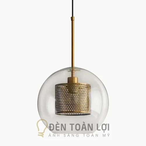 Đèn thả chao thuỷ tinh tròn và inox trụ xi vàng