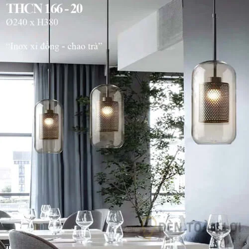 Đèn thả hiện đại ống trụ thủy tinh lưới sắt công nghiệp