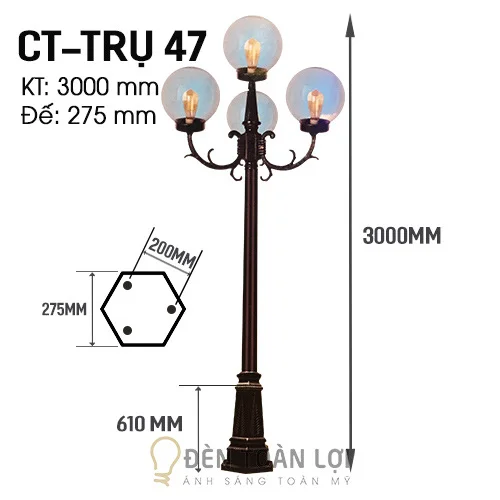 Đèn trụ màu đen cột trụ bóng cầu thủy tinh 4 bóng