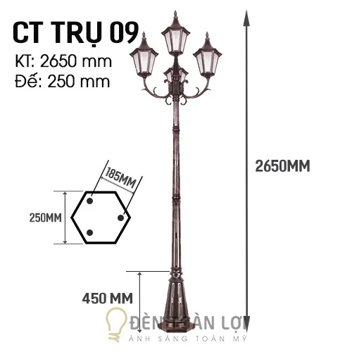 Đèn trụ màu đen cột trụ trang trí 4 bóng cổ điển