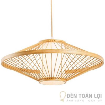 Đèn lồng mây tre hình phi thuyền thả trần chụp dẹt nan chéo