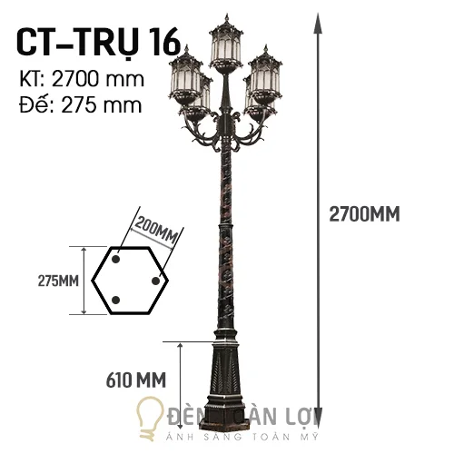 Đèn trụ màu đen cột trụ 5 bóng trang trí sân vườn