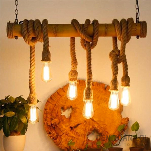 Bộ đèn thả tre quấn dây thừng 6 đui bóng edison góc 4