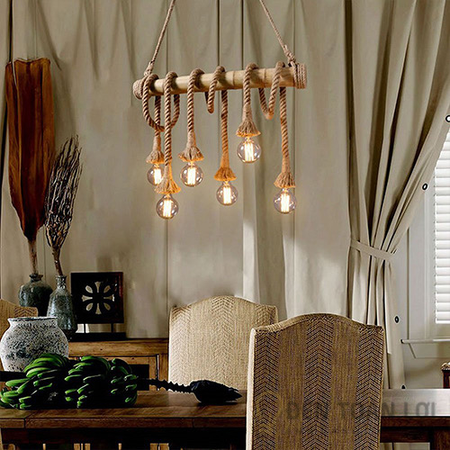 Bộ đèn thả tre quấn dây thừng 6 đui bóng edison góc 2