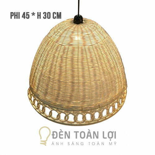 Đèn mây tre đan hình nón lá có viền dưới khoen tròn