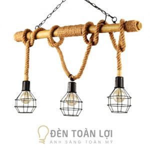 Mẫu đèn thả chùm 3 chóa sắt dây thừng quấn cây tre LS8052