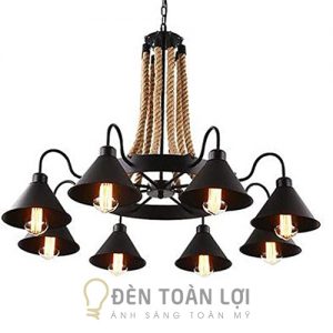 Đèn Thả Mẫu đèn chùm sắt 8 chóa dây thừng trang trí quán cafe retro ds084-8