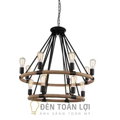 Đèn thả màu đen chùm 2 vòng sắt dây thừng 14 bóng
