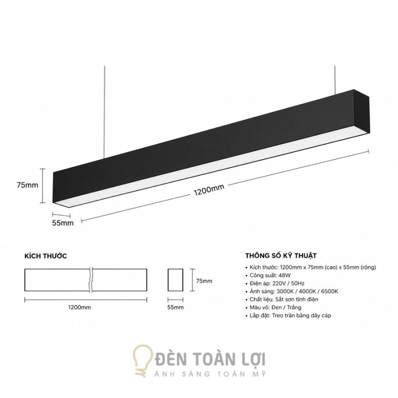 Đèn Thả Máng 1200mm 75mm 55mm hàng gia công
