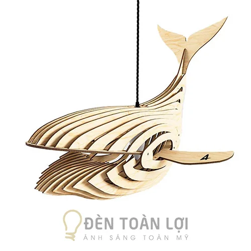 Đèn gỗ hình cá voi trang trí quán ăn hải sản