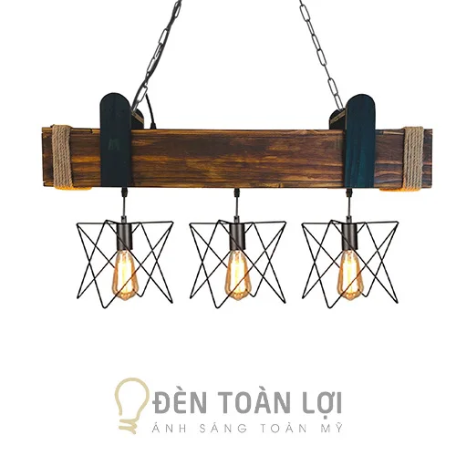 Đèn gỗ mẫu hộp gỗ kết hợp ba đèn rổ sắt