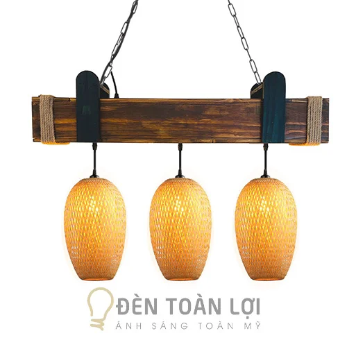 Đèn gỗ màu đen hộp gỗ quan thung kết hợp ba đèn mây tre đan hai lớp phi 20cm