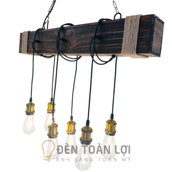 Đèn gỗ màu đen hộp gỗ 6 đuôi đồng thả trần