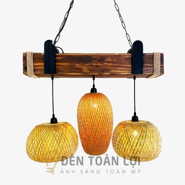 Đèn gỗ màu đen - hộp gỗ kết hợp hai đèn tre hai lớp phi 30cm và một đèn phi 20cm