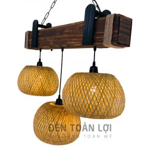 Đèn Gỗ: Mẫu đèn hộp gỗ kết hợp ba lồng đèn mây tre hai lớp phi 30cm