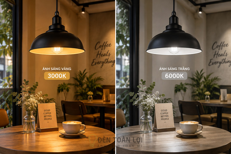 So sánh ánh vàng 3000K và ánh trắng 6000K trên bàn quán cafe