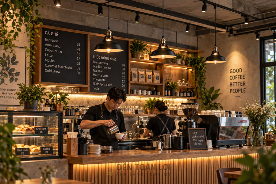 Đèn thả quầy bar quán cafe treo thành hàng