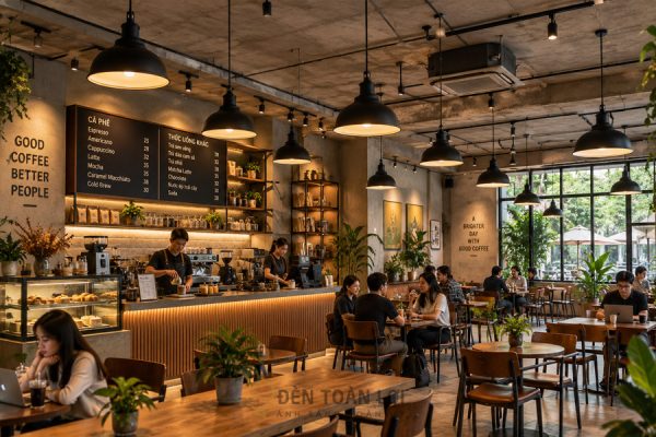Đèn thả trần quán cafe lắp theo từng bàn, đèn bật ánh vàng