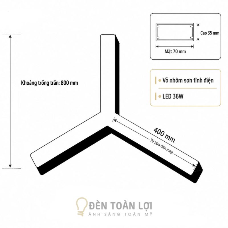 Đèn Thả Chữ Y Gia Công Cạnh 40cm 36W | Đèn Toàn Lợi