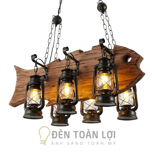 Đèn gỗ màu đen chùm gỗ hình con cá 6 chao thả trần trang trí quán cafe