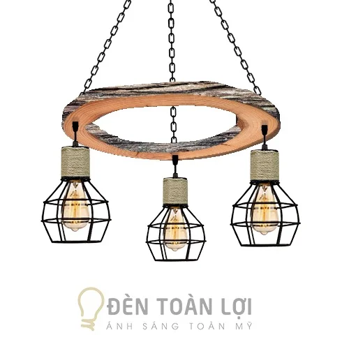 Đèn gỗ màu đen gỗ hình tròn và chao sắt