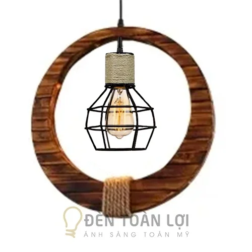 Đèn Gỗ: Mẫu đèn gỗ quấn thừng hình tròn kết hợp chao sắt