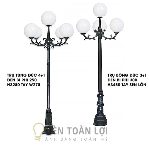 Đèn trụ công viên màu đen trụ bóng đúc tay sen lớn 3-1 bóng bi
