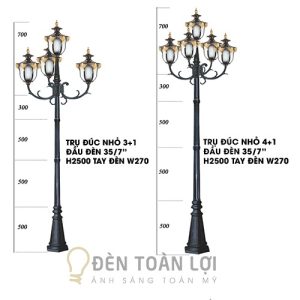 Đèn Trụ Cổng: Mẫu đèn trụ đúc nhỏ 3+1, đầu đèn mã 35, cao 2500mm