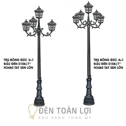 Đèn Trụ Cổng: Mẫu đèn trụ đúc bông lớn 3+1, đầu đèn mã 0106 trang trí công viên