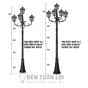 Đèn trụ cổng: Mẫu đèn trụ đúc nhỏ 3+1 đầu đèn 0106 trang trí sân vườn