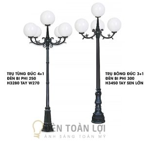 Đèn Trụ Cổng: Mẫu đèn trụ bông đúc, tay sen lớn 3 + 1 bóng bi