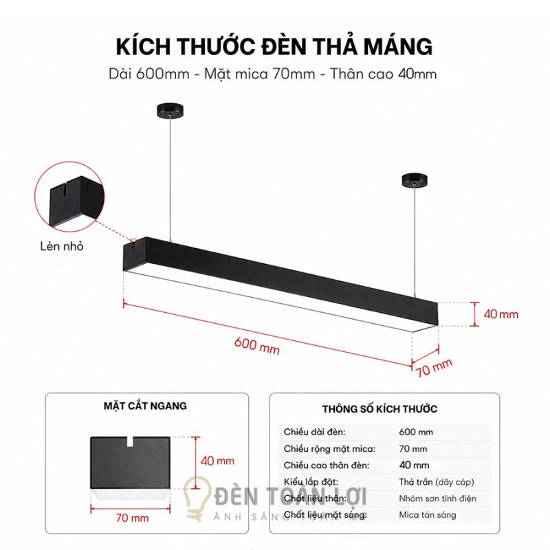 Thông số kỹ thuật đèn thả máng 600mm