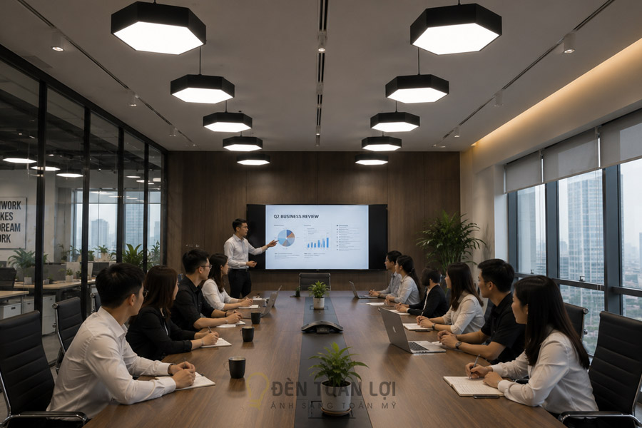 Đèn thả máng lục giác đặc lắp phòng họp