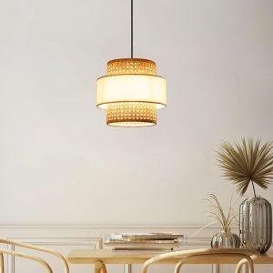 Đèn Vải: Mẫu đèn vải kết hợp mây mắt cáo kiểu trụ lồng nhau