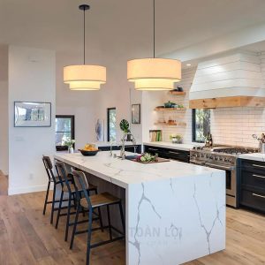 Mẫu đèn vải kiểu trụ tròn 2 tầng thả trần trang trí