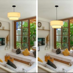 Mẫu đèn vải kiểu trụ tròn 2 tầng thả trần trang trí