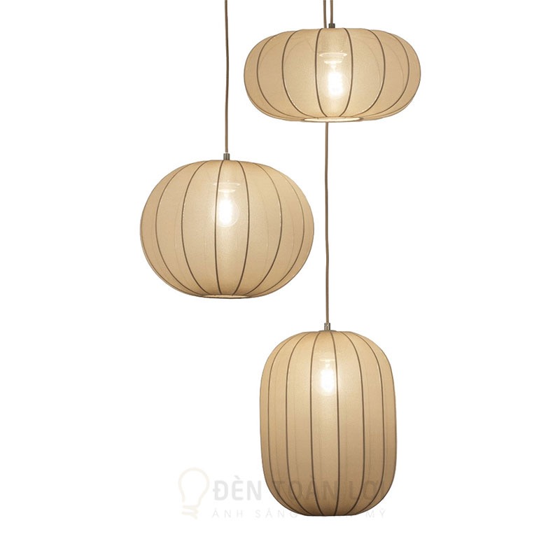 Bộ đèn vải thả trần 3 dáng tròn bầu dài trang trí phòng khách, bàn sofa