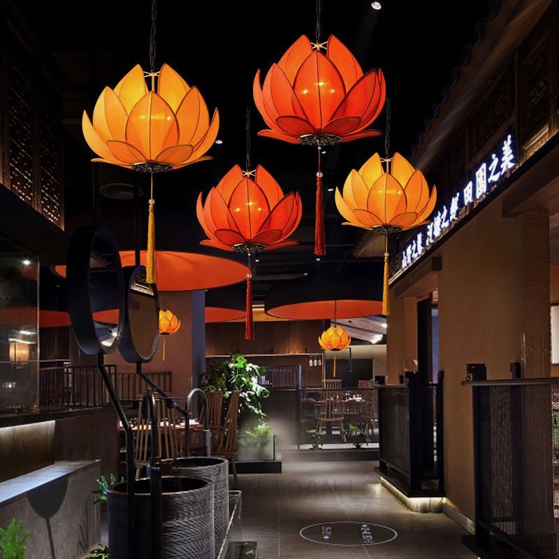 Đèn thả vải hình hoa sen trang trí nhà hàng chay, chùa, phòng thiền