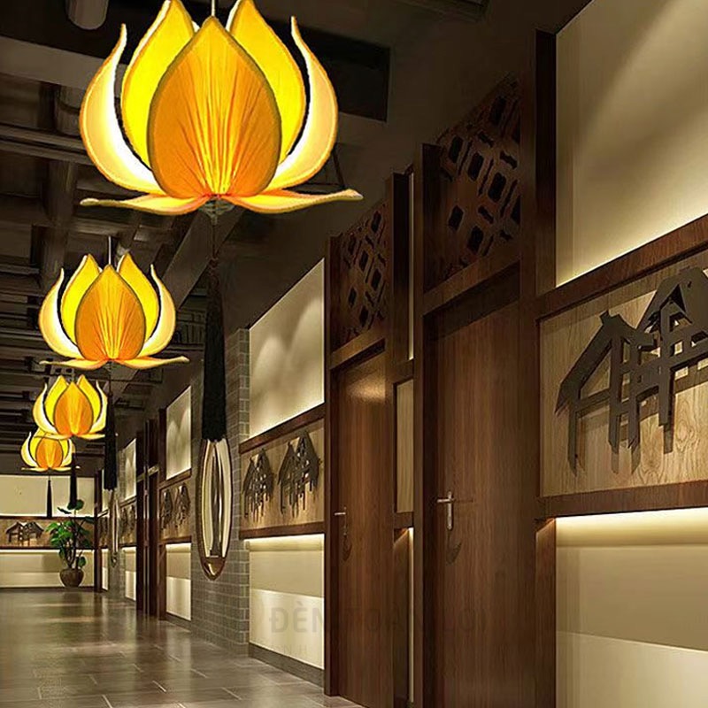 Đèn thả vải hình hoa sen trang trí nhà hàng chay, chùa, phòng thiền