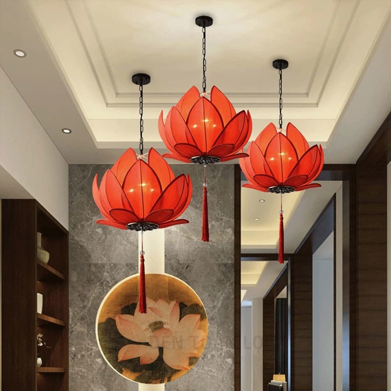 Đèn thả vải hình hoa sen trang trí nhà hàng chay, chùa, phòng thiền