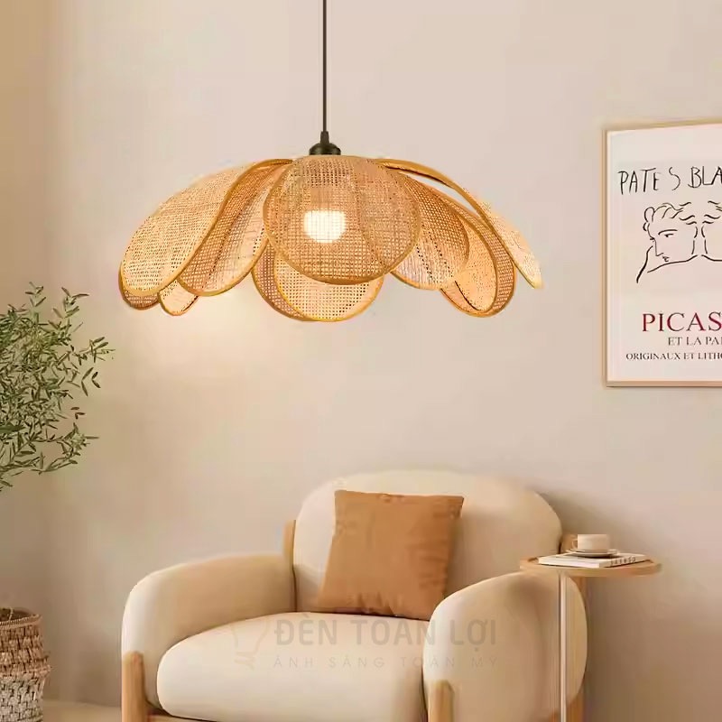 Đèn cánh hoa mây caro, mây mắt cáo phong cách Wabi Sabi Nhật