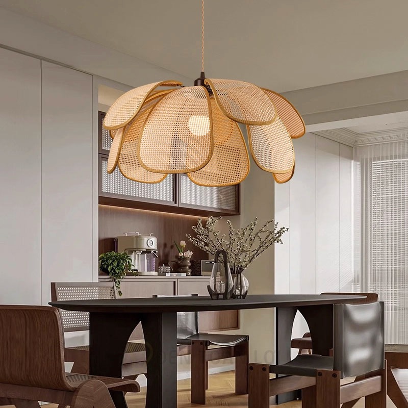 Đèn cánh hoa mây caro, mây mắt cáo phong cách Wabi Sabi Nhật