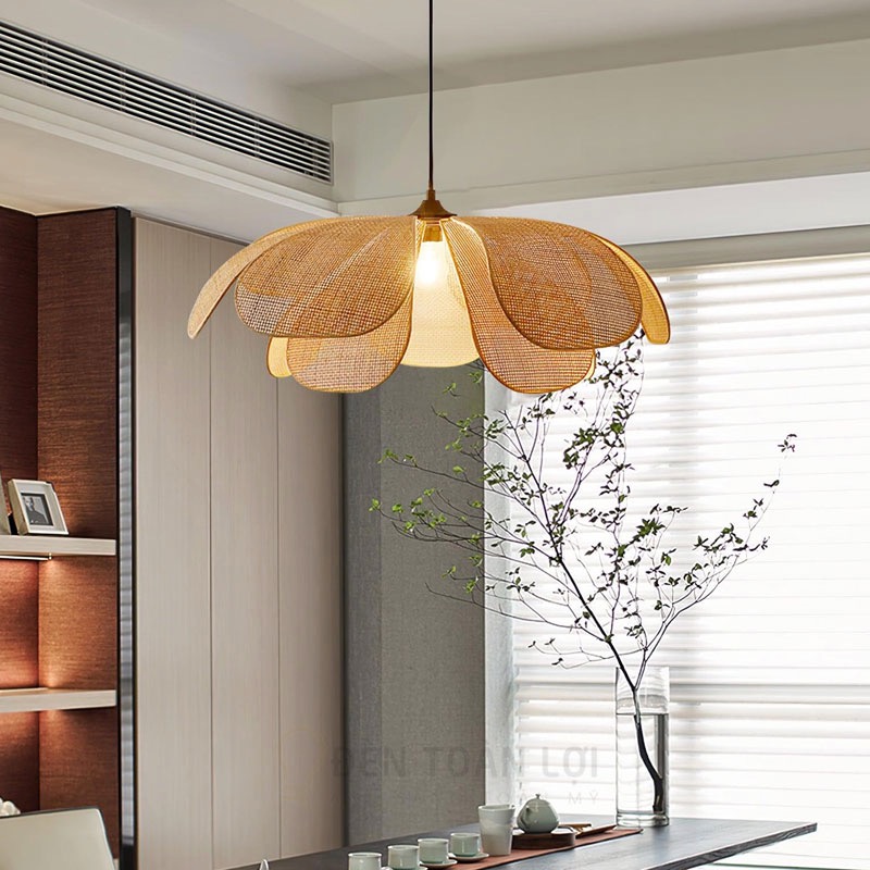 Đèn cánh hoa mây caro, mây mắt cáo phong cách Wabi Sabi Nhật