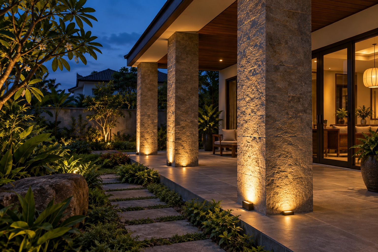 Minh họa ánh sáng rọi cột trong sân vườn